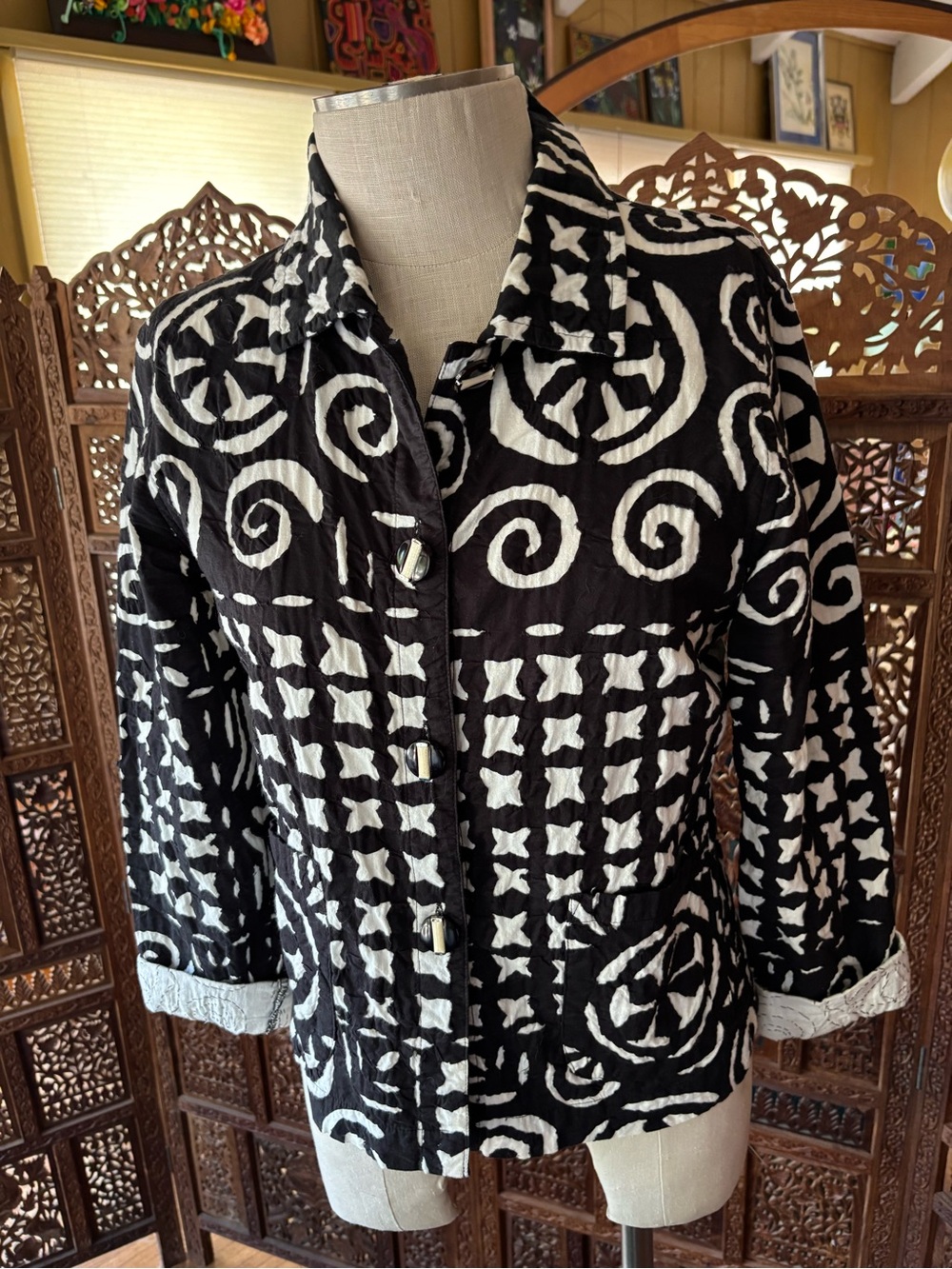 Parsley & Sage Black and White Patterned Jean Jacket